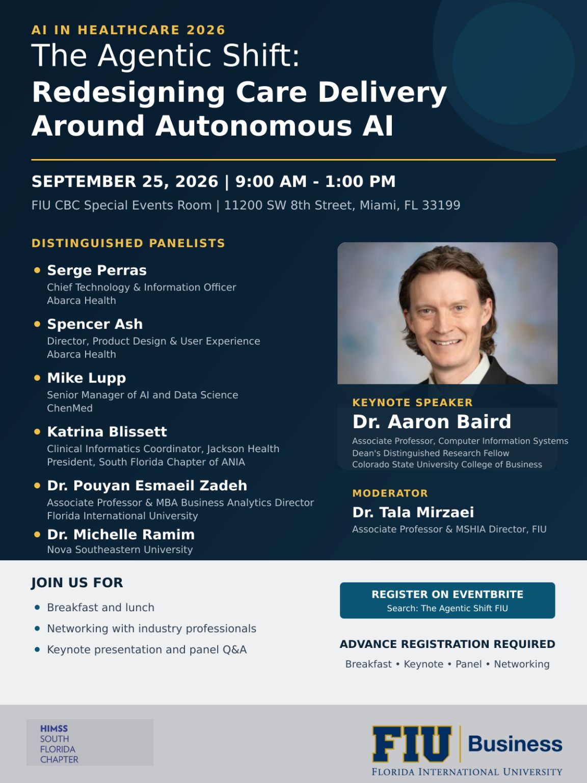 Event flyer for The Agentic Shift: Redesigning Care Delivery Around Autonomous AI at FIU Business